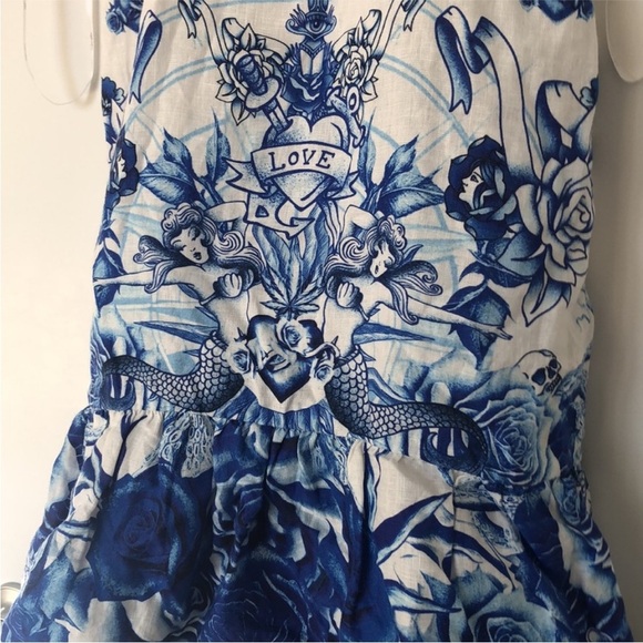Bejeweled Linen Minidress with Cut Outs in Immortal Ink blue tattoo print - Picture 10 of 11